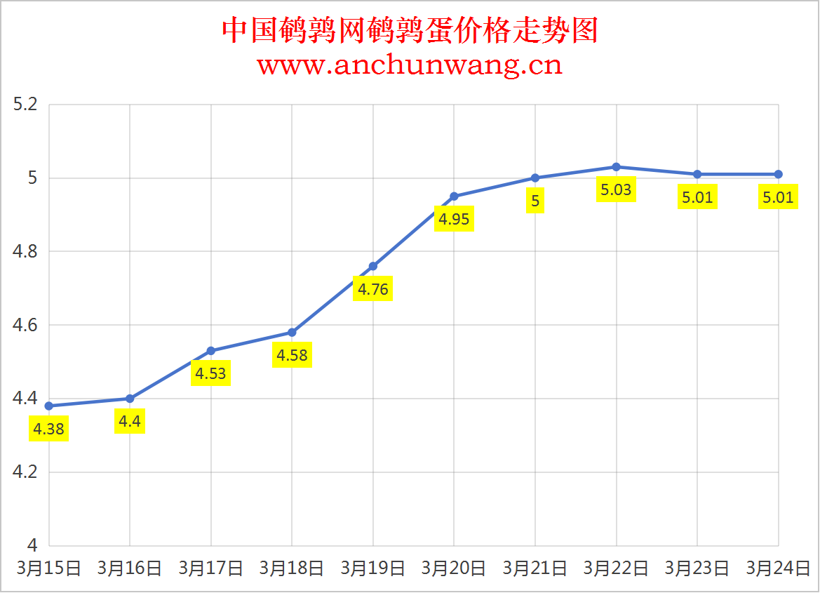 2025.3.24全国鹌鹑蛋价格：均价5.01元 稳为主