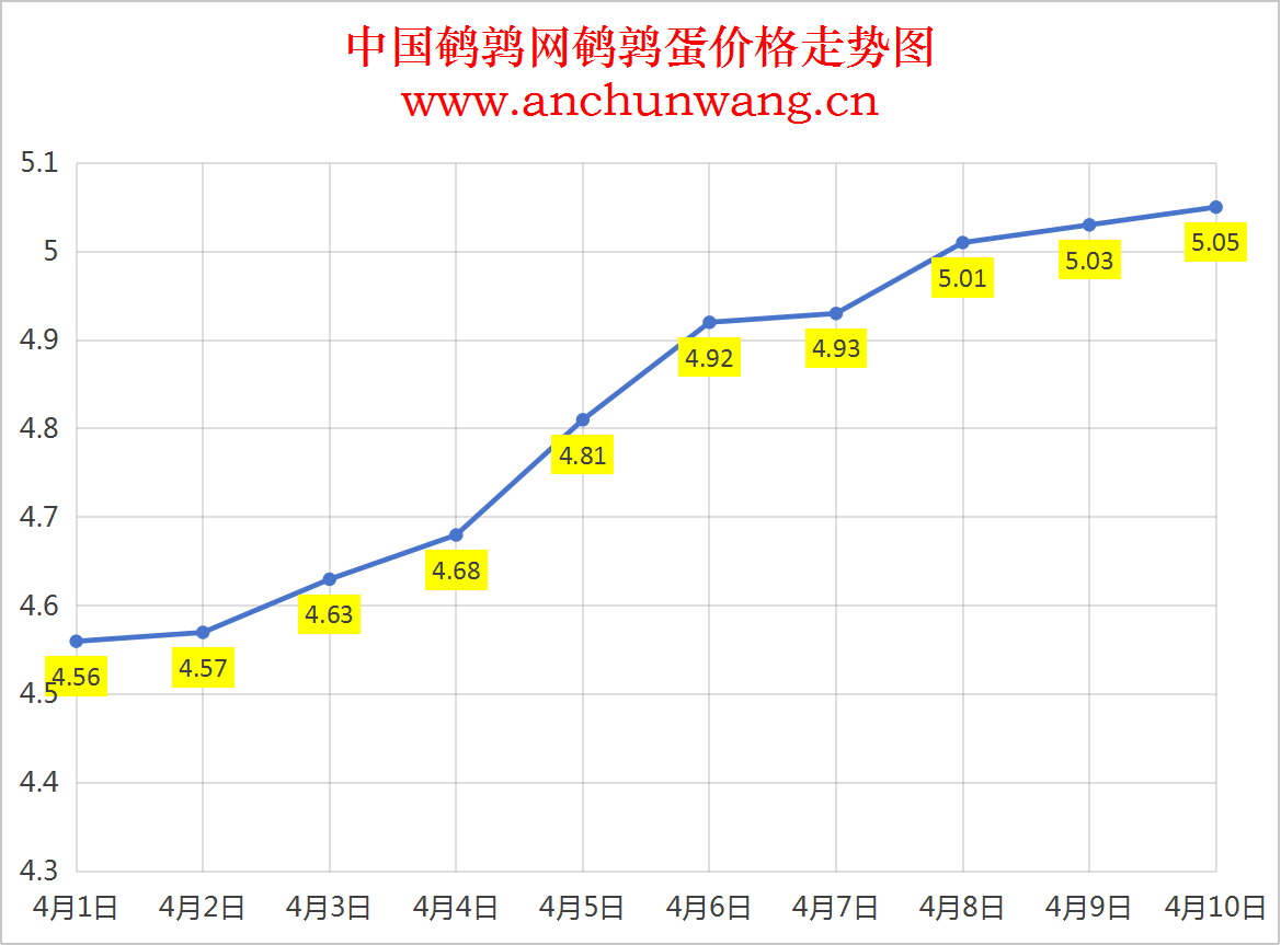 2025年4月10日全国鹌鹑蛋价格：均价5.05元 局部涨