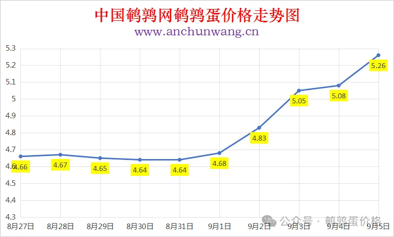 2025年9月5日中国鹌鹑网全国鹌鹑蛋价格涨跌表：均价5.26元 大范围上涨