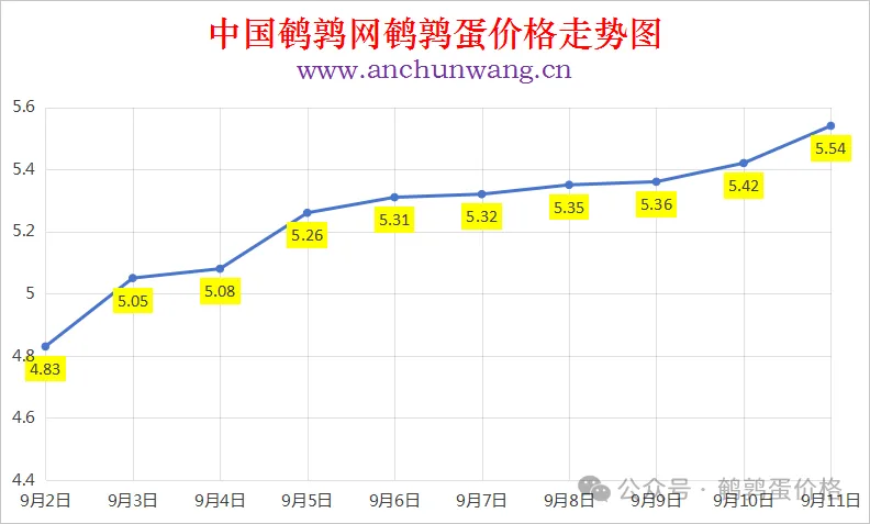 2025年9月11日中国鹌鹑网全国鹌鹑蛋价格涨跌表：均价5.54元 大范围上涨