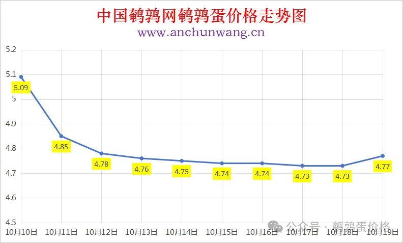 2025年10月19日中国鹌鹑网全国鹌鹑蛋价格涨跌表：均价4.77元 局部涨