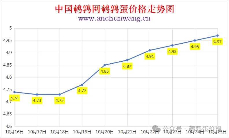 2025年10月25日中国鹌鹑网全国鹌鹑蛋价格涨跌表：均价4.97元 局部涨
